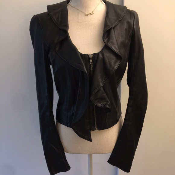 Leith black motorcycle leather ruffled jacket - Picture 2 of 8
